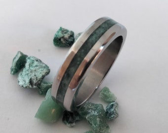Mens wedding band, Unisex Titanium Band Beveled Edge with Natural Emerald Green Stone Outside, Ring with Shiny Finish