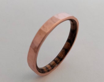 Hammered Copper Wedding Band: Bocote Wood Inlay, Unisex Ring