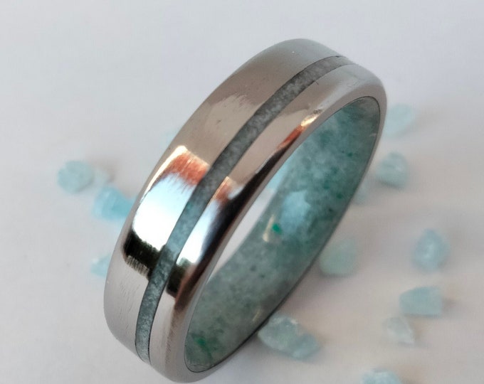 Featured listing image: Natural aquamarine stone, Mens wedding band, Light Blue stone, March birthstone, Titanium mens rings, Gift for him - for her, Womens wedding