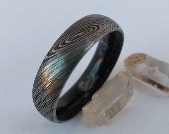 Damascus Steel Ring: Herkimer Diamond & Black Tourmaline Wedding Band