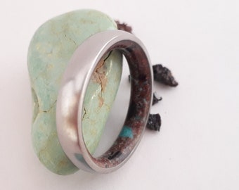 Volcanic Lava Rock Ring: Turquoise Stone, Titanium Band, Boho Wedding