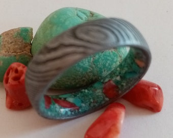 Mens wedding band, Raw stone ring, Wedding ring, Damascus steel ring, Natural red Coral, Raw Turquoise stone, 7mm band, His and hers rings