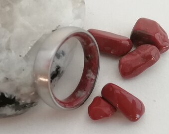 Titanium Wedding Band: Raw Stone, Moonstone & Red Jasper Ring