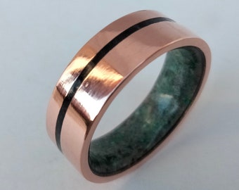 Womens rings, Copper wedding ring, Emerald stone inside, Black Tourmaline outside, Engagement band, Valentines Day gift, Stone unisex ring