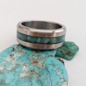 Wedding band Engagement for womens and mens, Raw Turquoise stone, Boho style promise ring, Titanium his and hers band, Anniversary gift