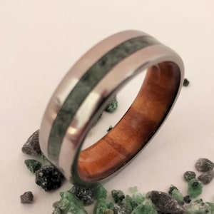 Male wooden ring, Green Emerald stone, Titanium band, Olive wood, His and her ring, Mens ring, Boho style ring, Wedding, Promise, Gift band