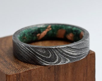 Damascus Ring: Green Malachite & Copper Flakes, Handmade Wedding Band