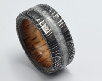 Damascus Steel Ring: Koa Wood & White Pearl Inlay, Handmade Band