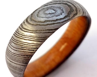 Unique gift his and hers, Mens wedding band, Round band for women, Damascus steel ring, Wedding band for women, Osage orange wood, Ring 6mm