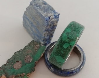 Titanium Wedding Band Set: Malachite & Lapis Lazuli Rings
