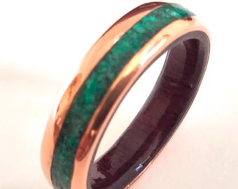 Mens wedding band, It is a copper band inside purple heart wood, on the outside a line of green malachite stone 2 mm wide, Gift for mens
