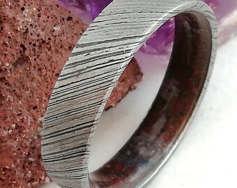 Unique Damascus steel band Damascus steel ring Volcanic rock Amathyst stone Raw stone rings His and hers Wedding Engagement Promise Gift