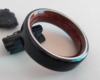 Valentines day gift, His and hers ring, Man wedding band, Women Engagement ring, Black Tourmaline stone, Secuoya wood, Titanium promise ring