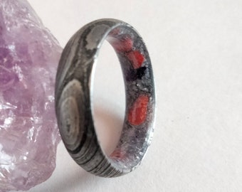 Damascus Steel Mens Wedding Band: Raw Stone, Coral & Amethyst Inlay