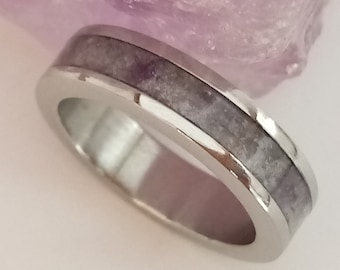 Titanium band for him or her, Natural Amethyst stone inlay, Alternative marriage ring, Engagement ring for her, Wedding ring for him