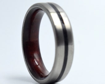 Titanium ring exotic Paduak wood inside and black Tourmaline inline, Beveled edges band, Mens wedding band, Womens wedding ring, Unisex gift