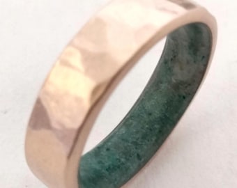 Gift ideas, Square bronze 8th anniversary gift ring, Natural green Jade stone, Hammered rustic finish ring, Gift for mens, Gift for womens