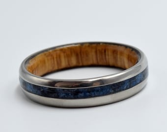 Lapis lazuli ring, Whiskey barrel wood, Titanium wedding band, Mens wedding band, Round band, His hand hers ring, Raw stone, Wooden rings