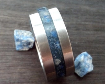 Titanium Mens Wedding Band: Lapis Lazuli Inlay, 9mm Stone Ring