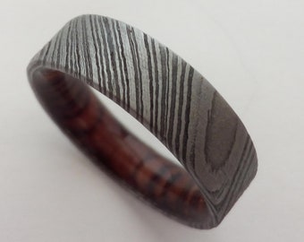 Damascus steel wedding band, Mens wedding band, Damascus steel ring, Cocobolo wood, Wood ring, Square band, 7mm band, Male wedding ring