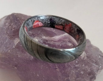 Handmade Damascus Steel Ring: Moonstone, Amethyst & Coral Gemstone Band