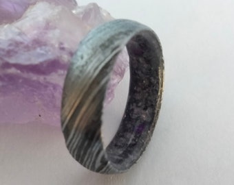 Damascus Steel Ring: Raw Amethyst Crystal, February Birthstone