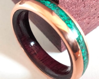 Gift Copper Men's / womens Wedding Band, Natural Green Malachite Stone and Exotic Purple Heart Wood, Natural jewelry ring, Round unisex band