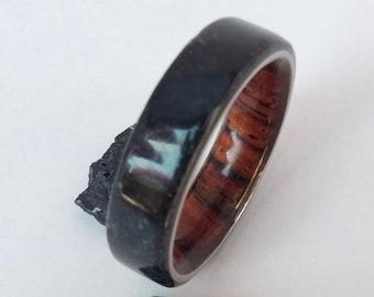Mens wedding band, Black Tourmaline, Cocobolo wood, His and hers, Black man ring, Wooden male ring, Titanium band, Wedding, Engagement, 6mm