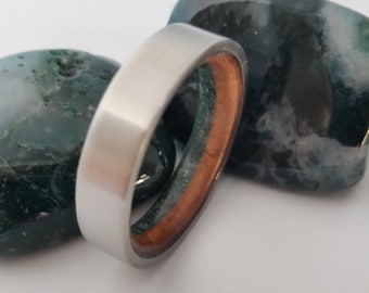 Koa wood ring, Raw Moss Agate stone, Titanium silver ring, Hawaiian wood ring, Matte ring, Wood Engagement ring, Wedding ring, Ring for men