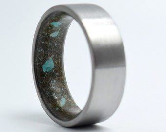 Mens titanium ring, Square titanium wedding band mens, Petrified wood and Turquoise stone, Engagement rings, Fashion rings for gentlemen