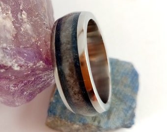 February birthday, Raw stone, Mens wedding band, Wedding band women, Boho ring, Lapis lazuli, Amethyst, Titanium wedding ring, Raw stone