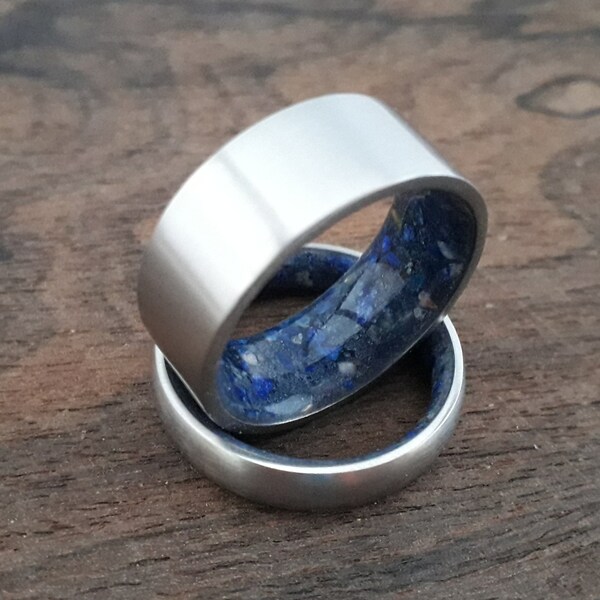 His and hers wedding bands, Wedding band, Raw stone wedding, Titanium rings, Wedding ring set, Lapis lazuli stone, Stone wedding bands