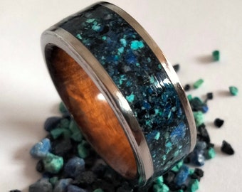 Hipoallergenic titanium band for mens, Hawaiian Koa wood rings, Mix Blue Lapis lazuli, Black Tourmaline, Green Turquoise, Unique square band