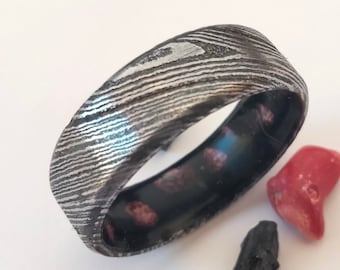 Mens Damascus Steel Wedding Band: Black Tourmaline & Red Coral Inlay