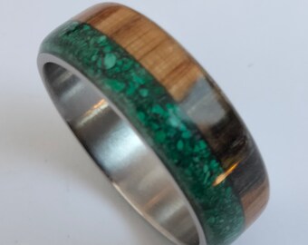 Male rings, Wedding and Engagement ring, Whiskey barrel wood and Green Natural Malachite stone, Unique mens ring, Christmas gift