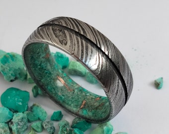 Mens rings, mens gift, Womens ring, Womens gift, Damascus steel round band, Raw Turquoise and copper inside, Unique christmas gift