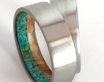 Gift for mens, Titanium wedding band,  Unisex Engagement bands, Turquoise stone, White Oak wood, Two bands, 8mm square band, 6mm round band