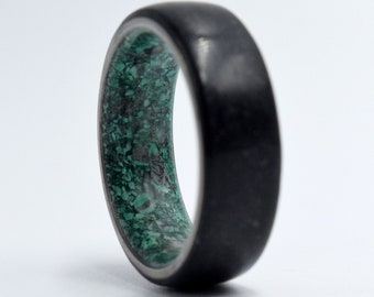 Black Tourmaline Ring: Green Malachite Inlay, Titanium Band