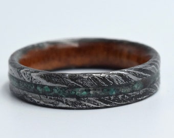 Damascus steel ring, Christmas gift for his and hers, Aniversary gift, Green Malachite stone, Mahogany wood, Engagement ring, Promise ring