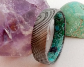 Damascus Steel Wedding Band: Turquoise Amethyst Raw Stone Ring, Boho Style