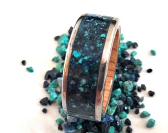 Titanium Wood Ring with Black Tourmaline, Blue lapis lazuli and Green Turquoise