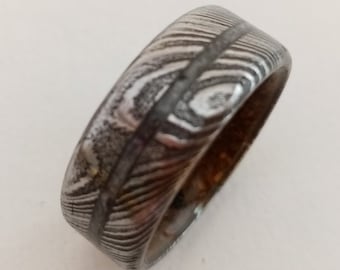 Damascus Steel Mens Wedding Band: Raw Stone Inlay, Handmade Ring