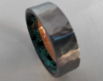 Male rings, Men green stone / silver wedding band, Men rustic band, Raw Malachite, Raw Obsidian stone, Women band, Hammered ring, Olive wood