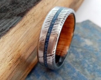 Damascus Steel Wedding Band: Lapis Lazuli, Bourbon Barrel Wood, Handmade 7mm Ring