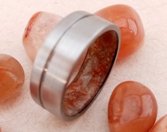 Beautiful and unique titanium wedding ring for men / women Natural orange carnelian agate stone inside the band Square model and comfort fit