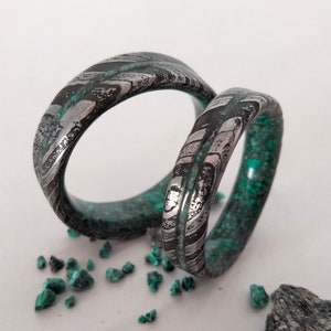 Mens wedding band, Mens Engagement rings, His had hers Promise band, Damascus rings, Malachite rings, Dark Emerald, Raw stone rings, Unisex