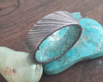 Christmas gift, Raw Turquoise stone ring, Damascus steel ring, Male wedding band, 8mm mens wedding band, Women wedding band, Flat band