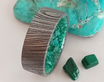 Damascus Steel Men's Wedding Band: Malachite & Turquoise Stone Ring