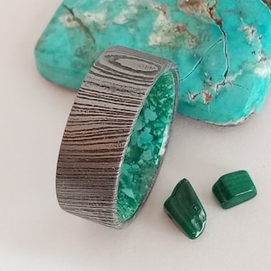 Men&#39;s Wedding Band, Damascus Steel Ring, Stone Ring, Mens Damascus Steel, Wedding Ring, Mens Wedding Band, Malachite stone, Turquoise stone