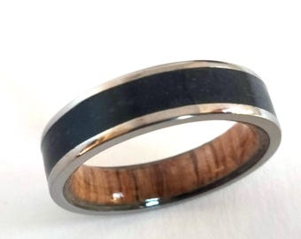 White Oak & Tourmaline Hidden Stone Wedding Ring titanium ring